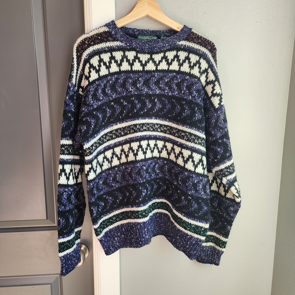 Vintage Clubfellow Men's Blue Purple and White Striped Sweater
